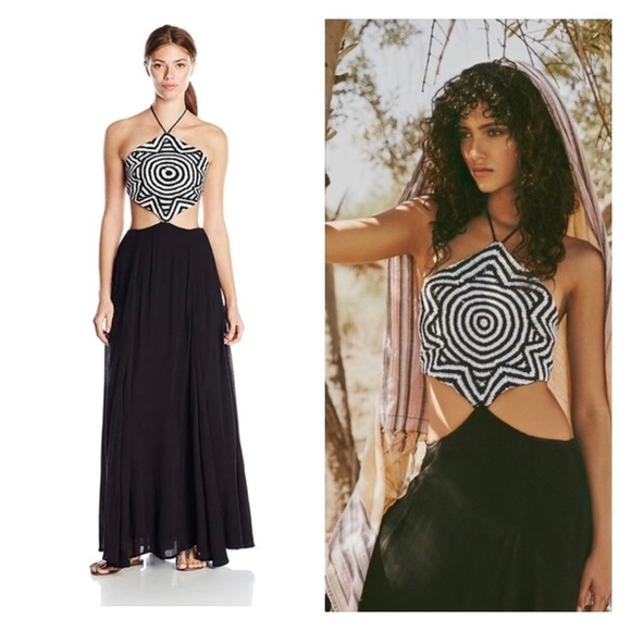 NWT MARA HOFFMAN Crochet Cutout Halter Maxi Dress Black White Medium Swim - Picture 1 of 11